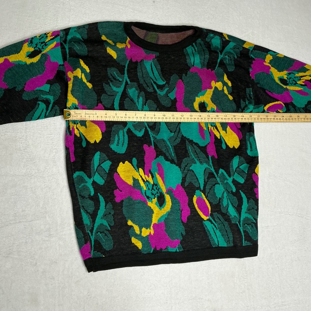 Vibrant Floral Print Crew Neck Long Sleeve Knit Sweater Black Multi Color - Picture 3 of 5